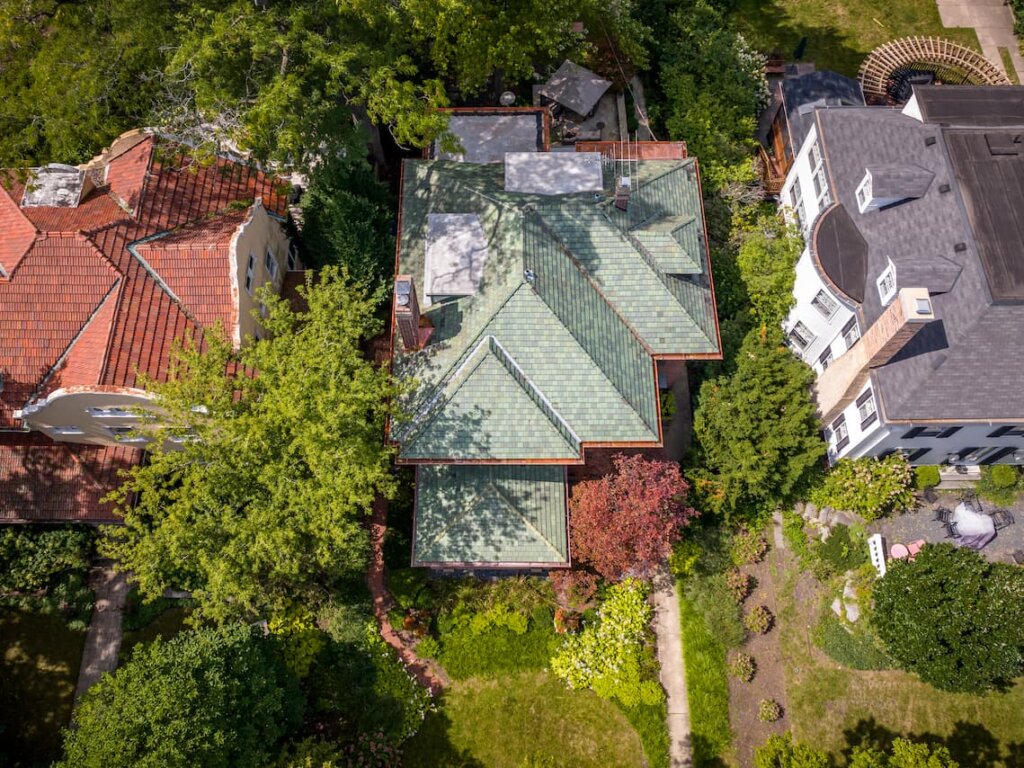 High above New Evanston Copper gutters and Copper Flat Roof