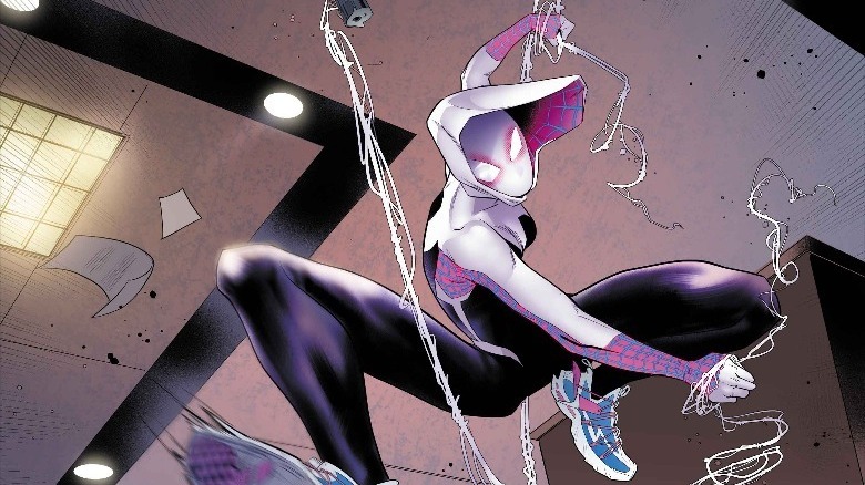 Spider-Gwen attacking in office