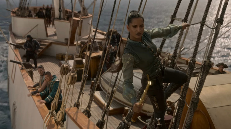 Amita Suman aboard the Hummingbird as Inej Ghafa in Shadow and Bone Season 2