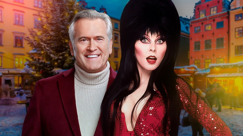 Bruce Campbell and Elvira in a Hallmark Christmas village