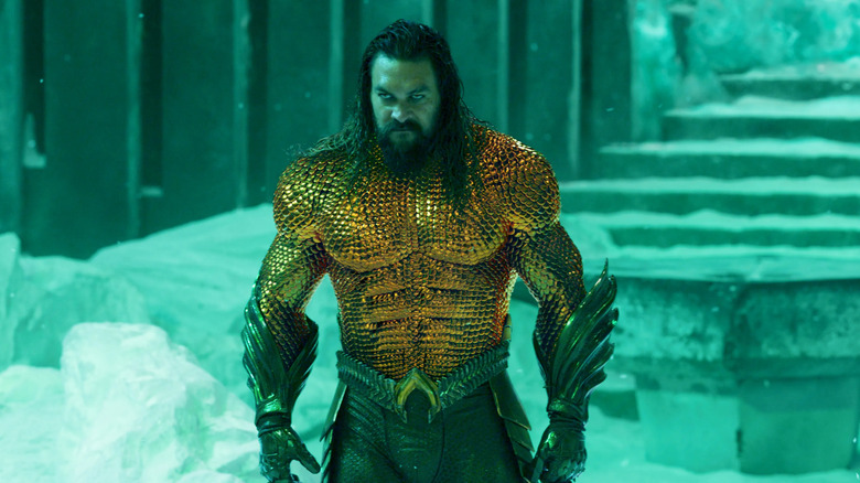 Aquaman scowling wearing orange armor