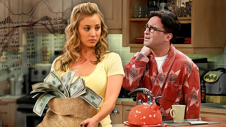 Penny holding money by upset Leonard 