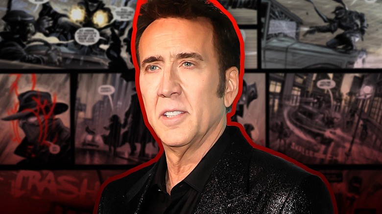 Nicolas Cage posing Spider-Noir comic