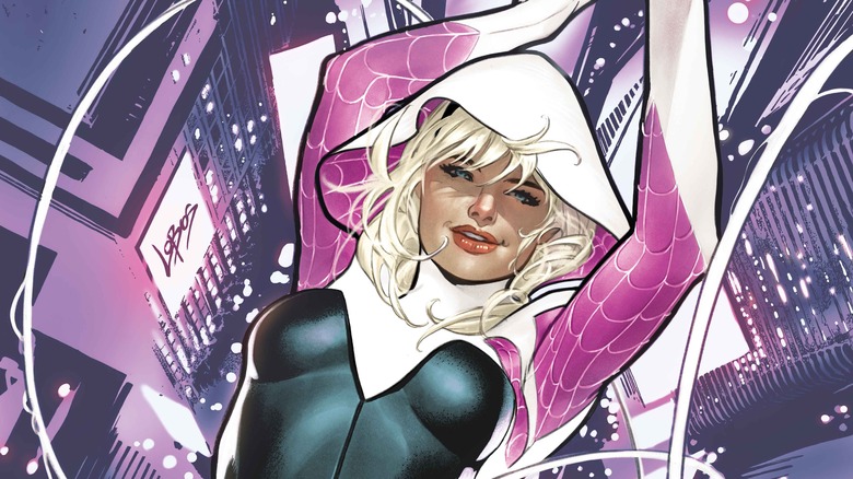 Spider-Gwen swinging without mask