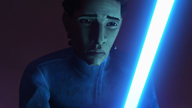 Nonbinary Jedi with blue lightsaber