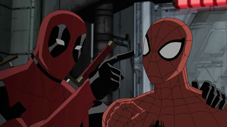 Deadpool points at Spider-Man